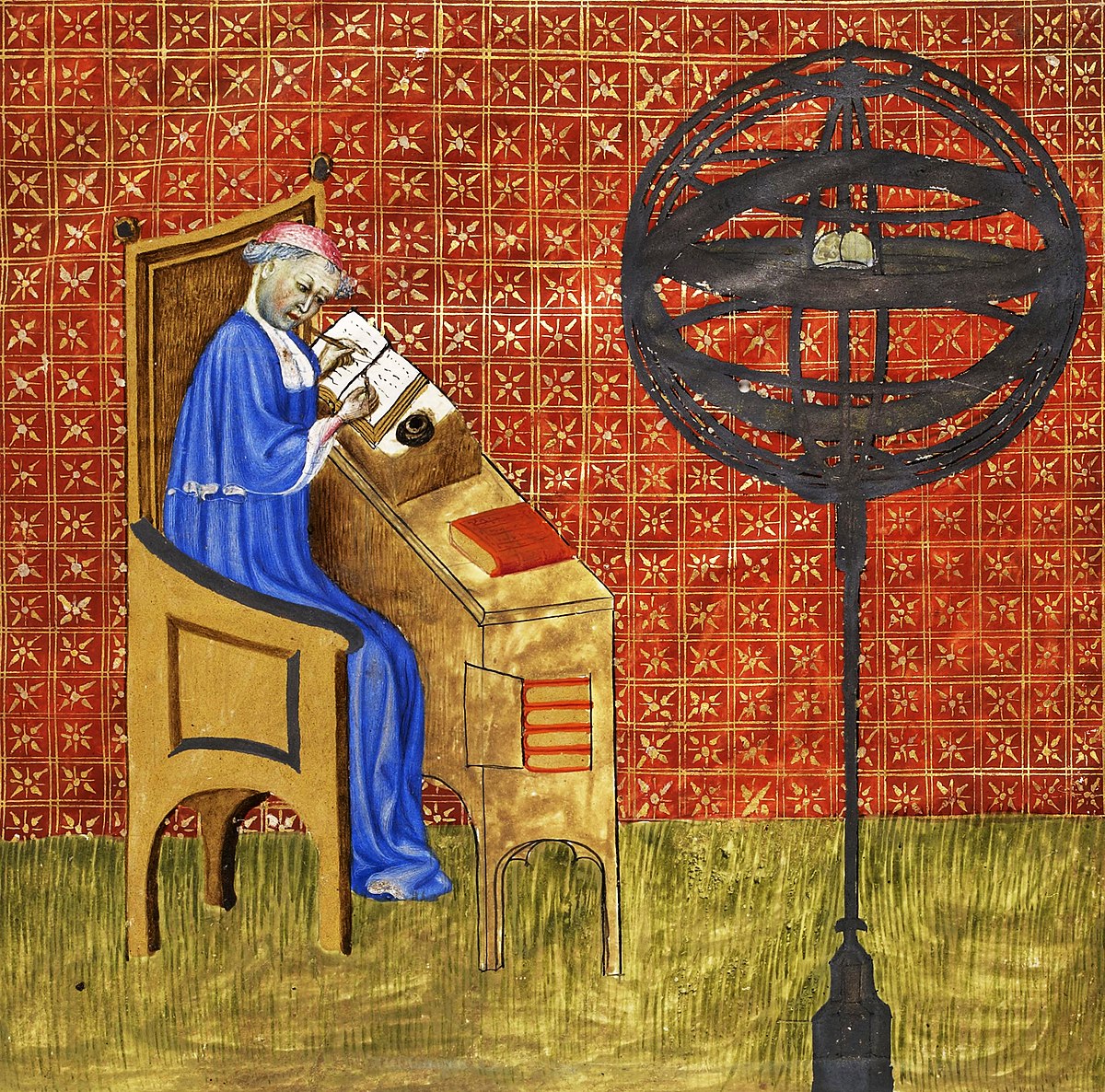 First page of the book "Traité de l'espère". The miniature represents Nicole Oresme busy at his studies, with an armillary sphere in the foreground.
